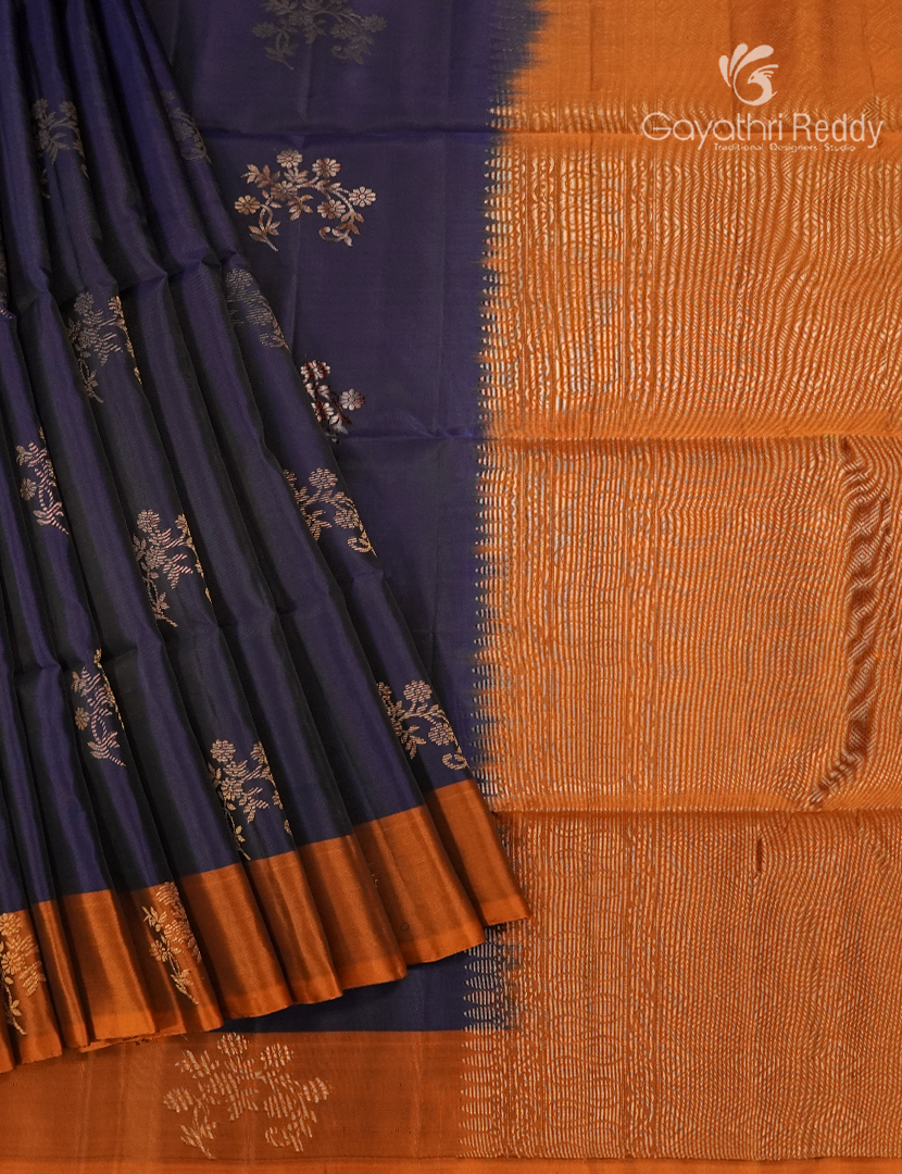 Pure Kanchipuram Soft Silk Saree in Deep Navy Blue and Orange