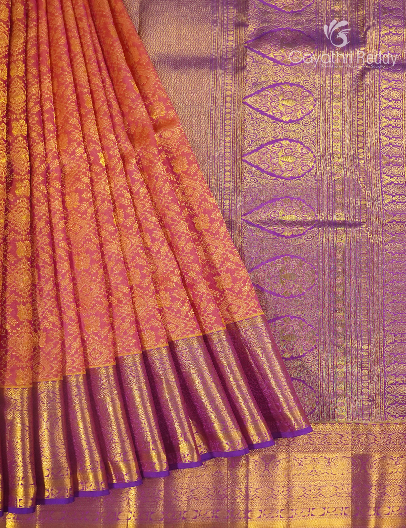 Pure Kanchhipuram Silk Bridal Saree in Orange and Purple