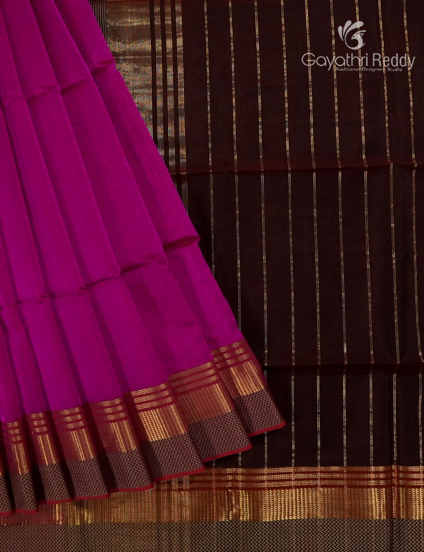 Pure Chanderi Sico Saree in Deep Magenta and Deep Brown