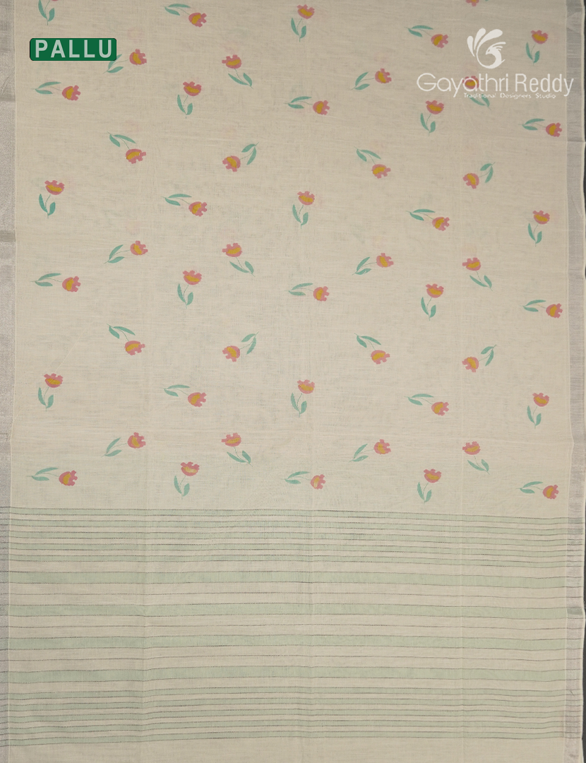 Pure Kanchi Cotton Printed Saree in Ivory and Pista Green