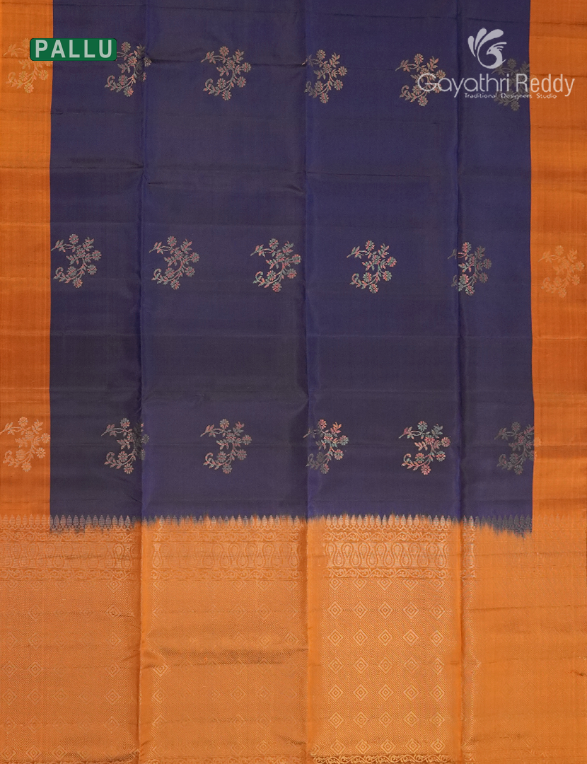 Pure Kanchipuram Soft Silk Saree in Deep Navy Blue and Orange