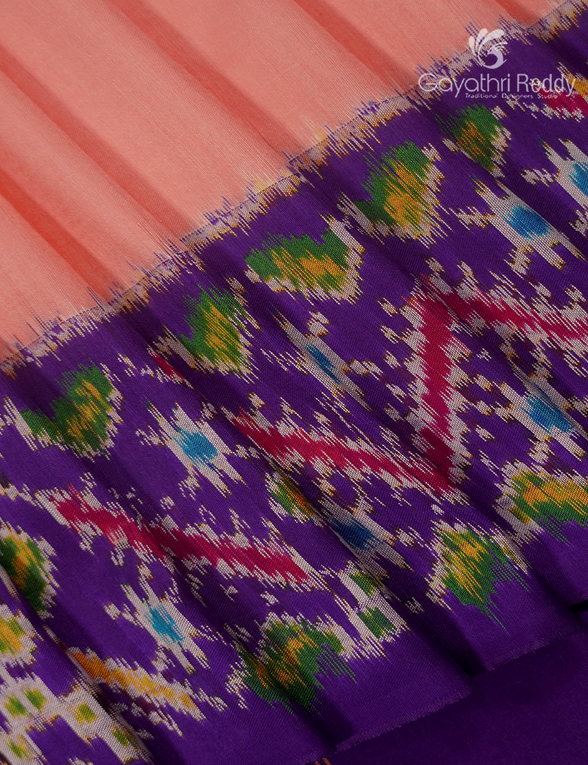 Pure Ikat Silk Saree in Peach and Deep Violet