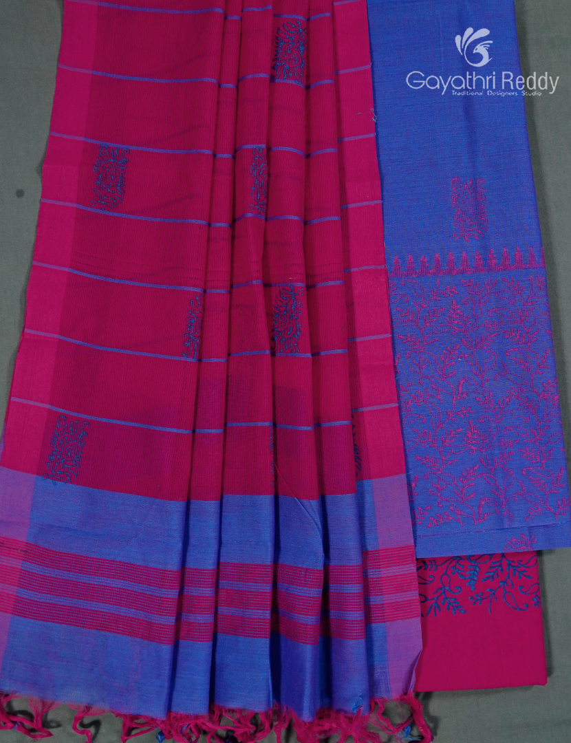 Cotton Dress Material in Ink Blue and Rani Pink