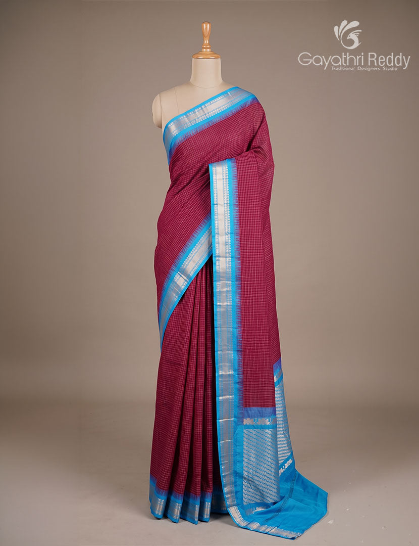 Pure Gadwal Cotton Saree in Burgundy and Sky Blue