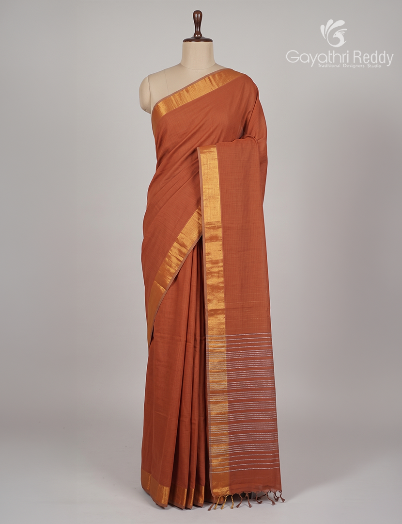 Pure Handloom Cotton Saree in Deep Rust
