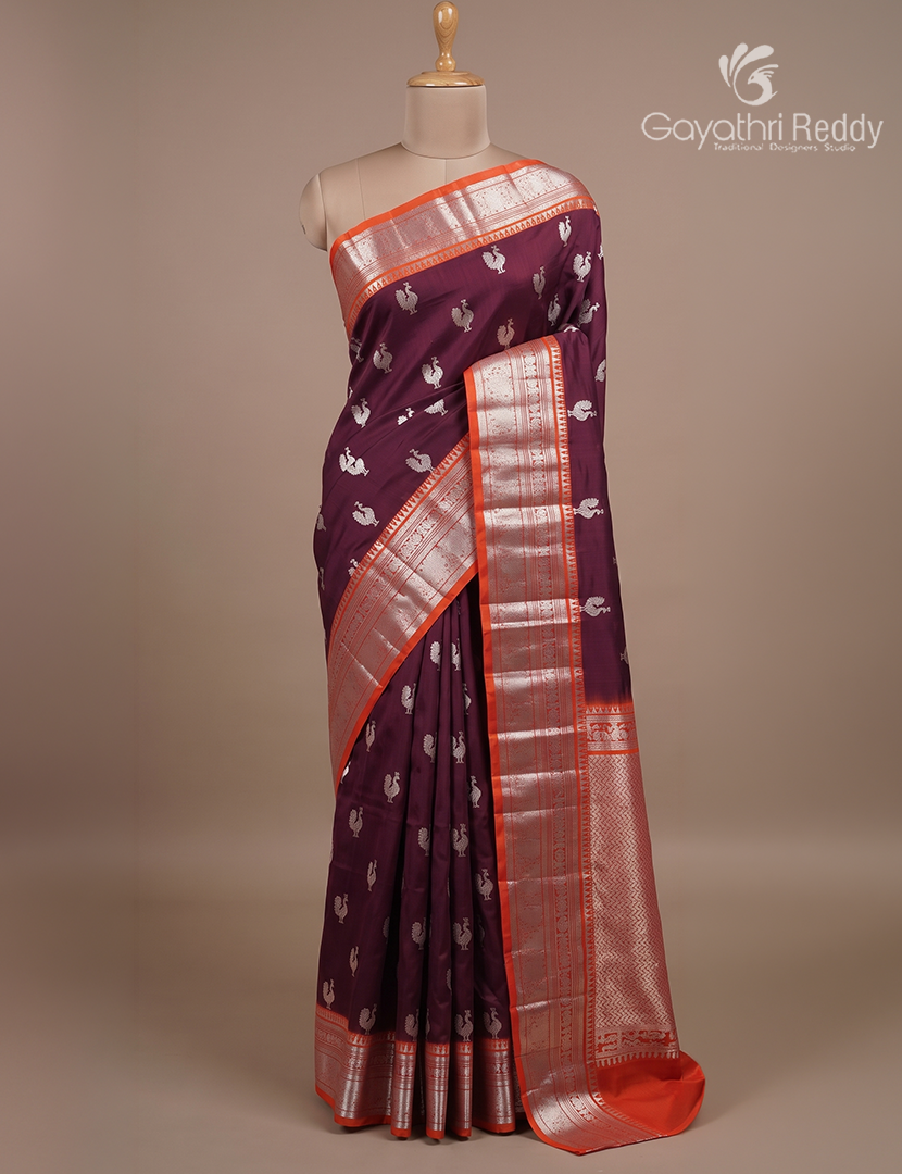 Pure Venkatagiri Silk Saree in Deep Maroon and Burnt Orange
