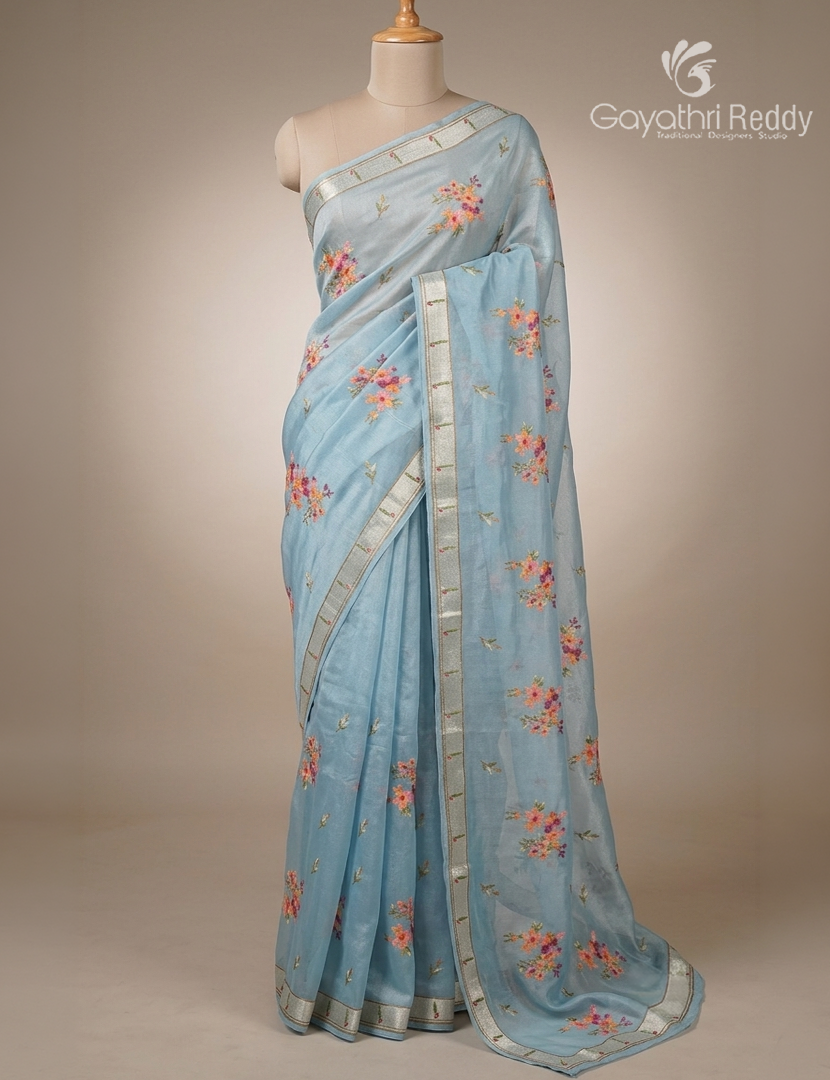 Glass Organza Tissue Saree in Powder Blue