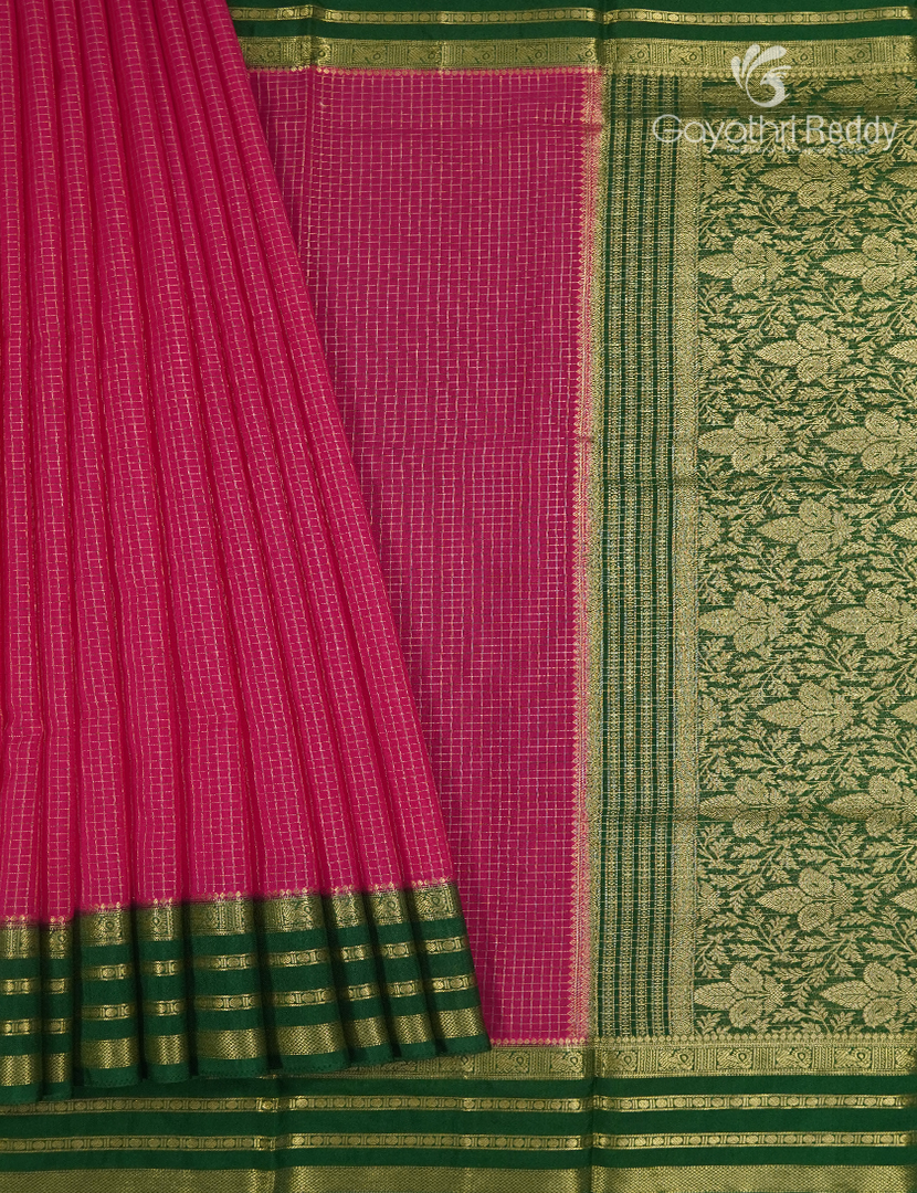 Semi Mysore Crepe Saree in Rani Pink and Bottle Green