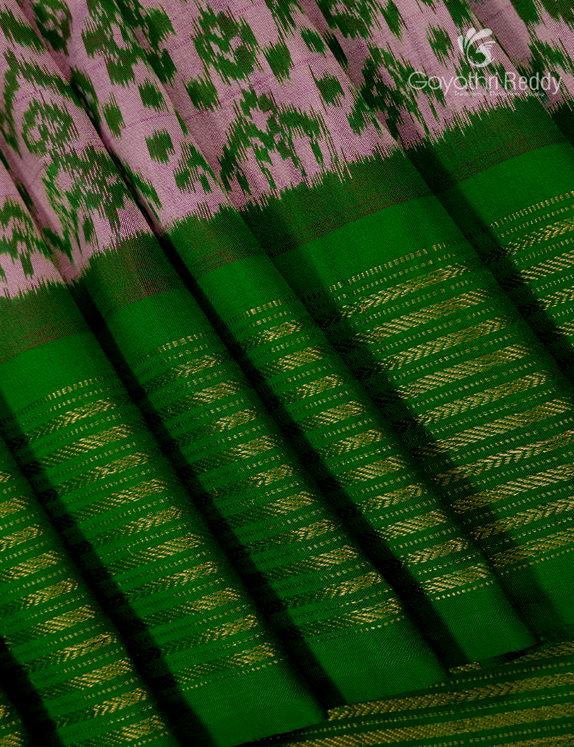 Pure Ikat Silk Saree in Onion Peach and Green