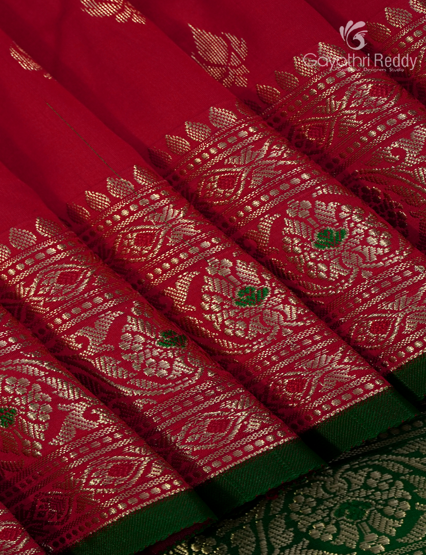 Semi Banaras Katan Silk Saree in Red and Bottle Green