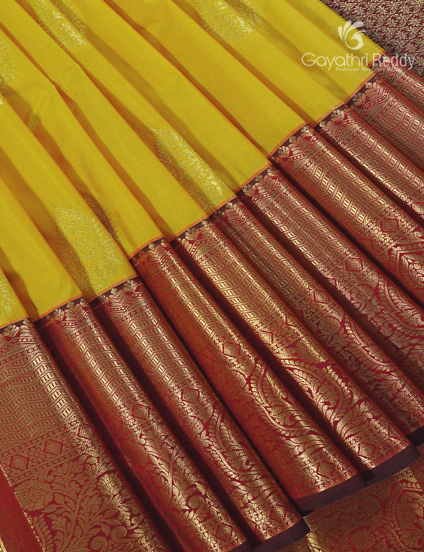 Semi Kanchipuram Silk Saree in Lime Yellow and Deep Brown