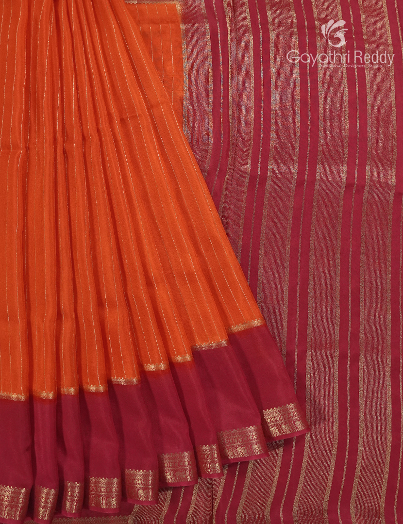 Semi Mysore Crepe Saree in Orange and Deep Pink