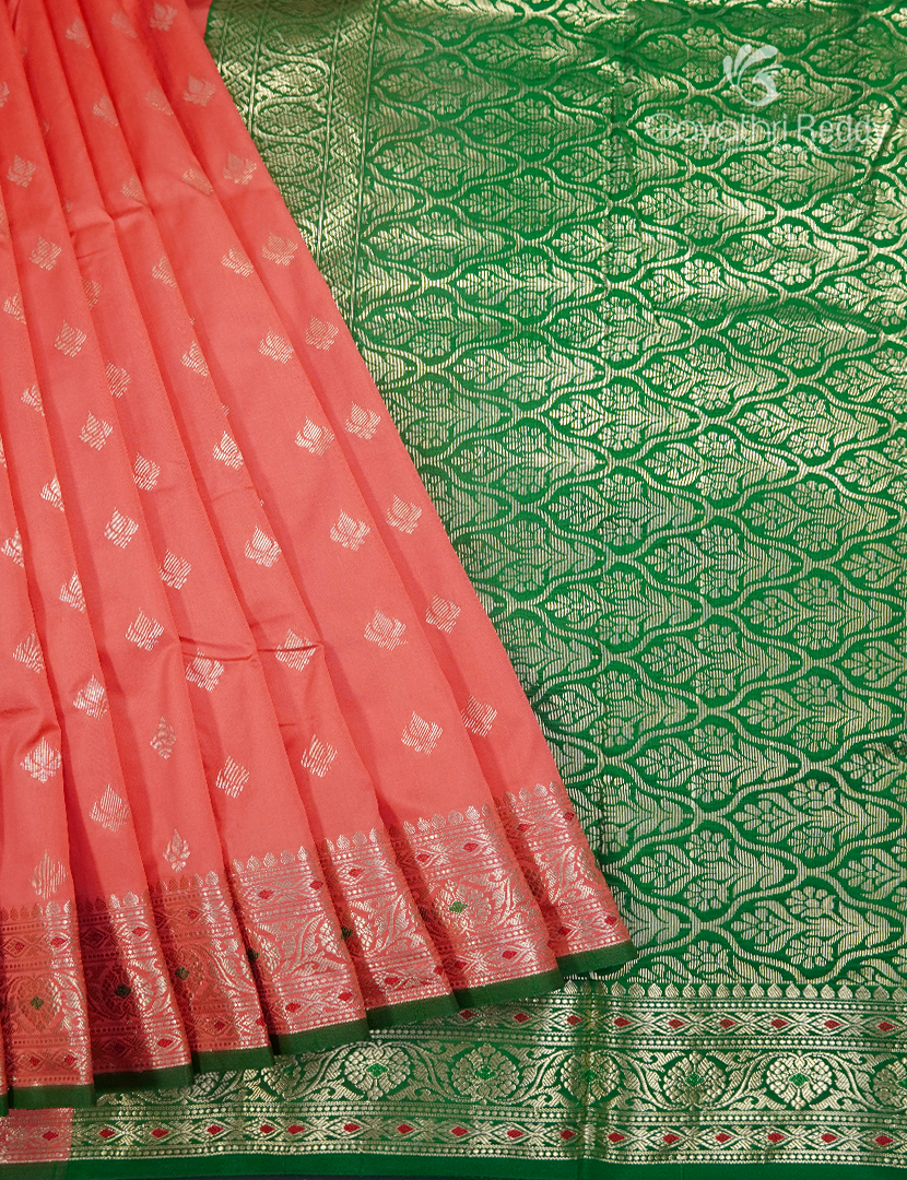 Semi Banaras Katan Silk Saree in Peach and Parrot Green
