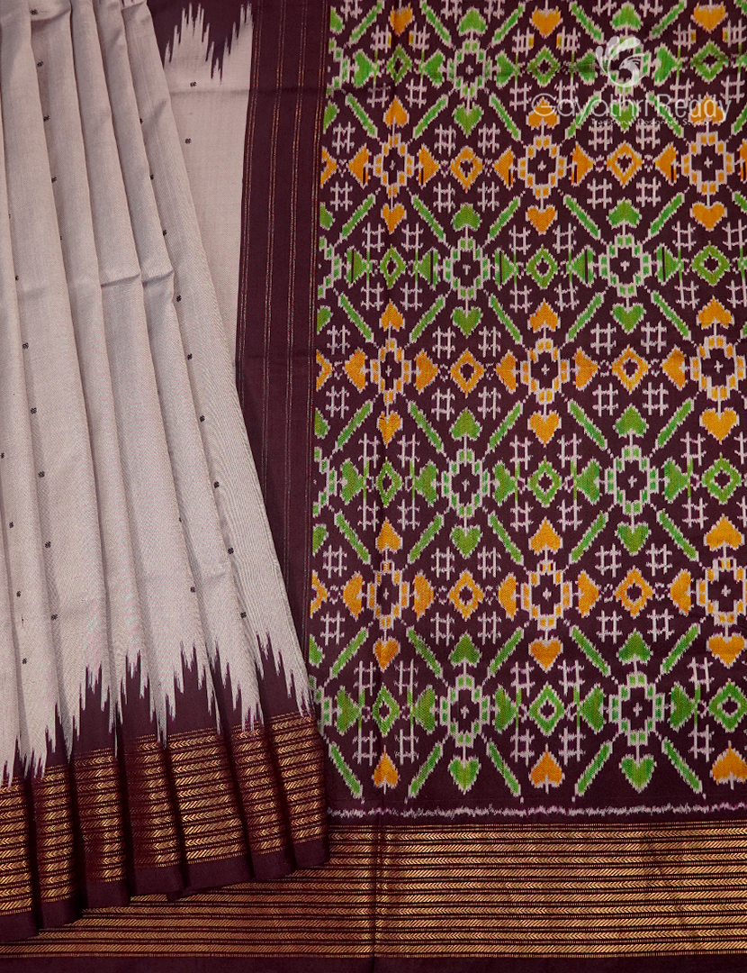 Pure Ikat Silk Saree in Light Beige and Deep Brown