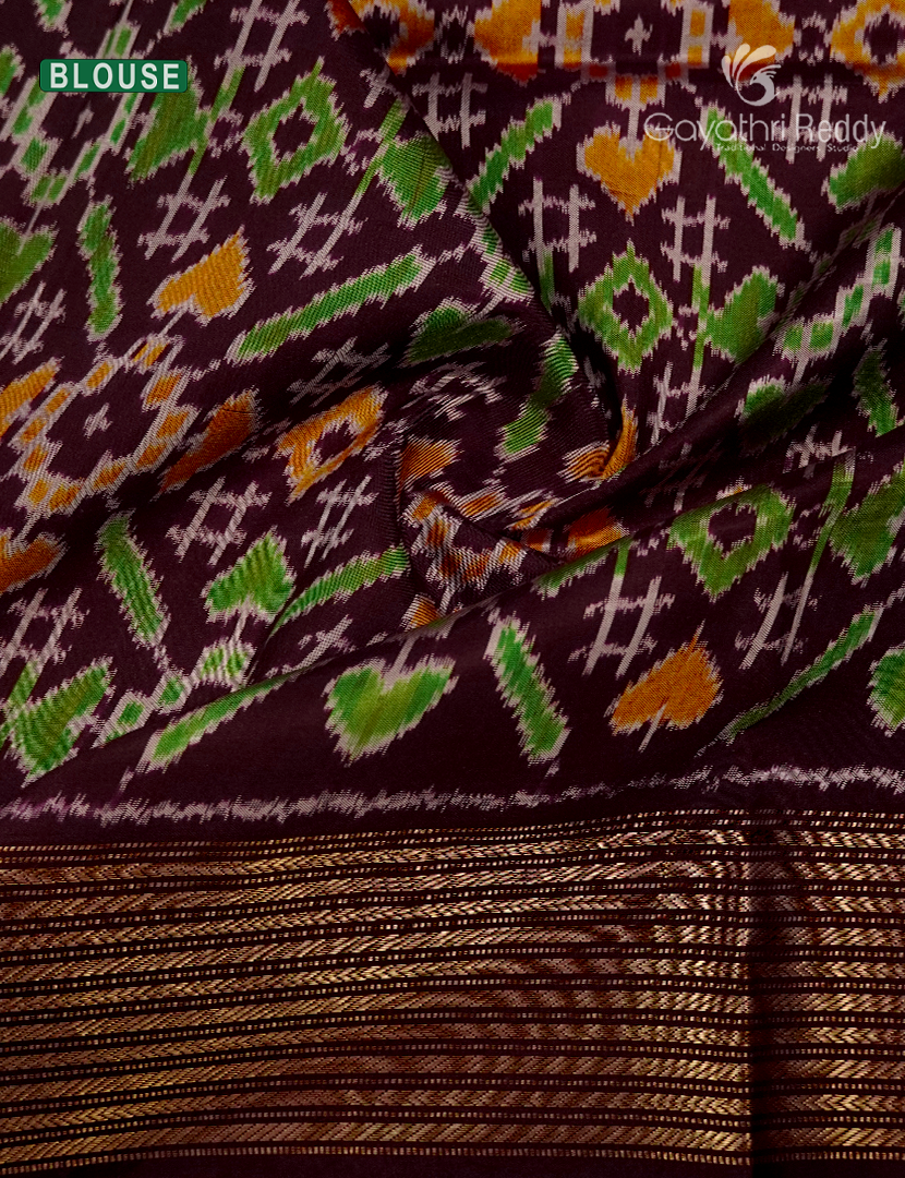 Pure Ikat Silk Saree in Light Beige and Deep Brown