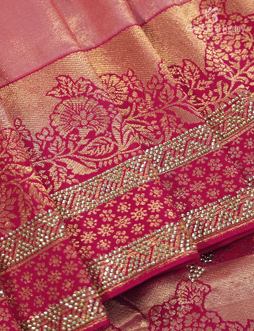Semi Kanchipuram Silk Fancy Saree in Peach and Rani Pink