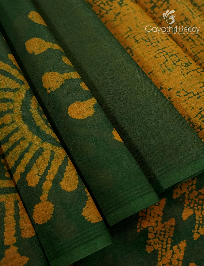 Cotton Batik Print Saree in Bottle Green and Mustard