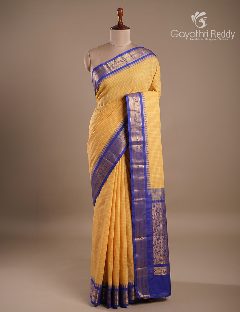 Pure Gadwal Cotton Saree in Sandalwood Yellow and Royal Blue