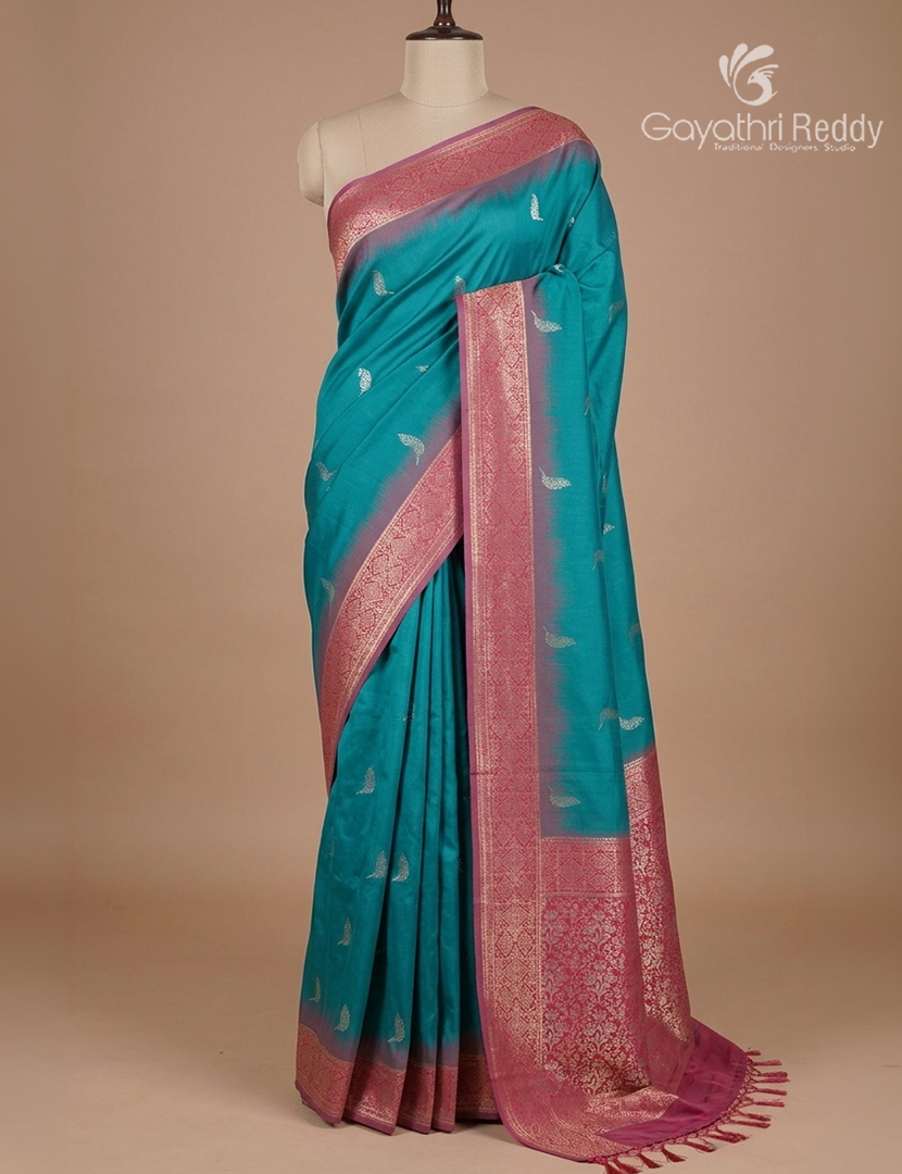 Semi Kanchipuram Silk Fancy Saree in Rama Green and Rani Pink