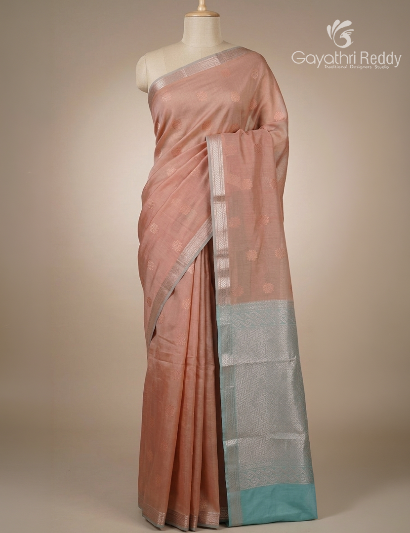 Kanchipuram Sico Saree in Pastel Chikoo and Teal Blue