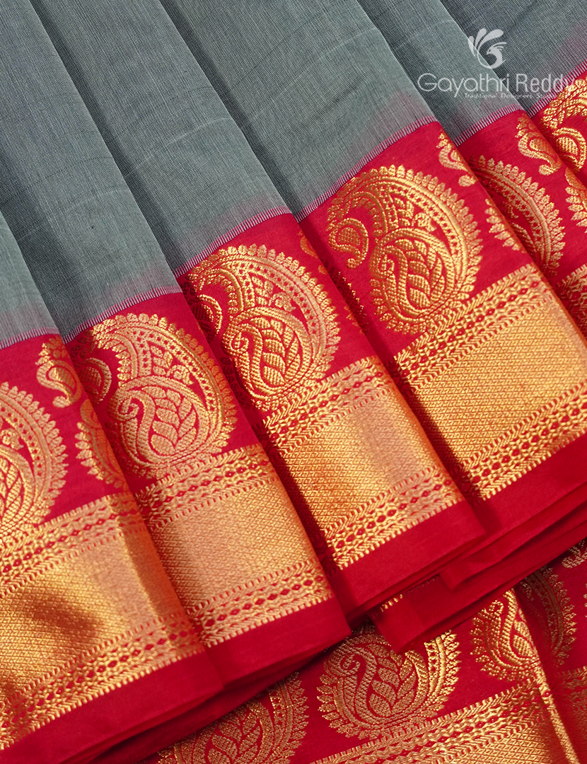 Pure Kanchi Sico Saree in Concrete Grey and Red