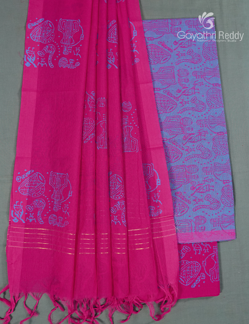 Cotton Dress Material in Lavender and Rani Pink