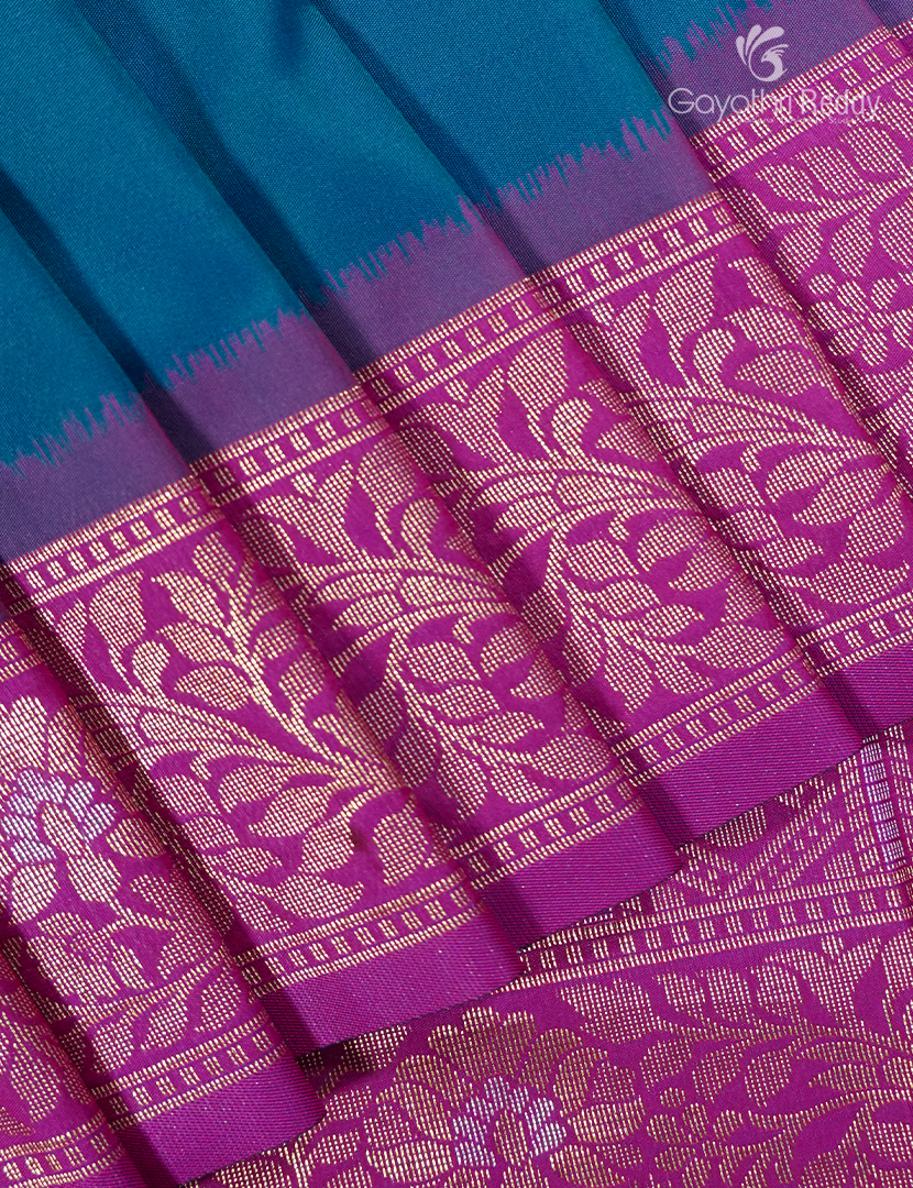 Semi Kanchipuran Silk Saree in Deep Rama Blue and Pink