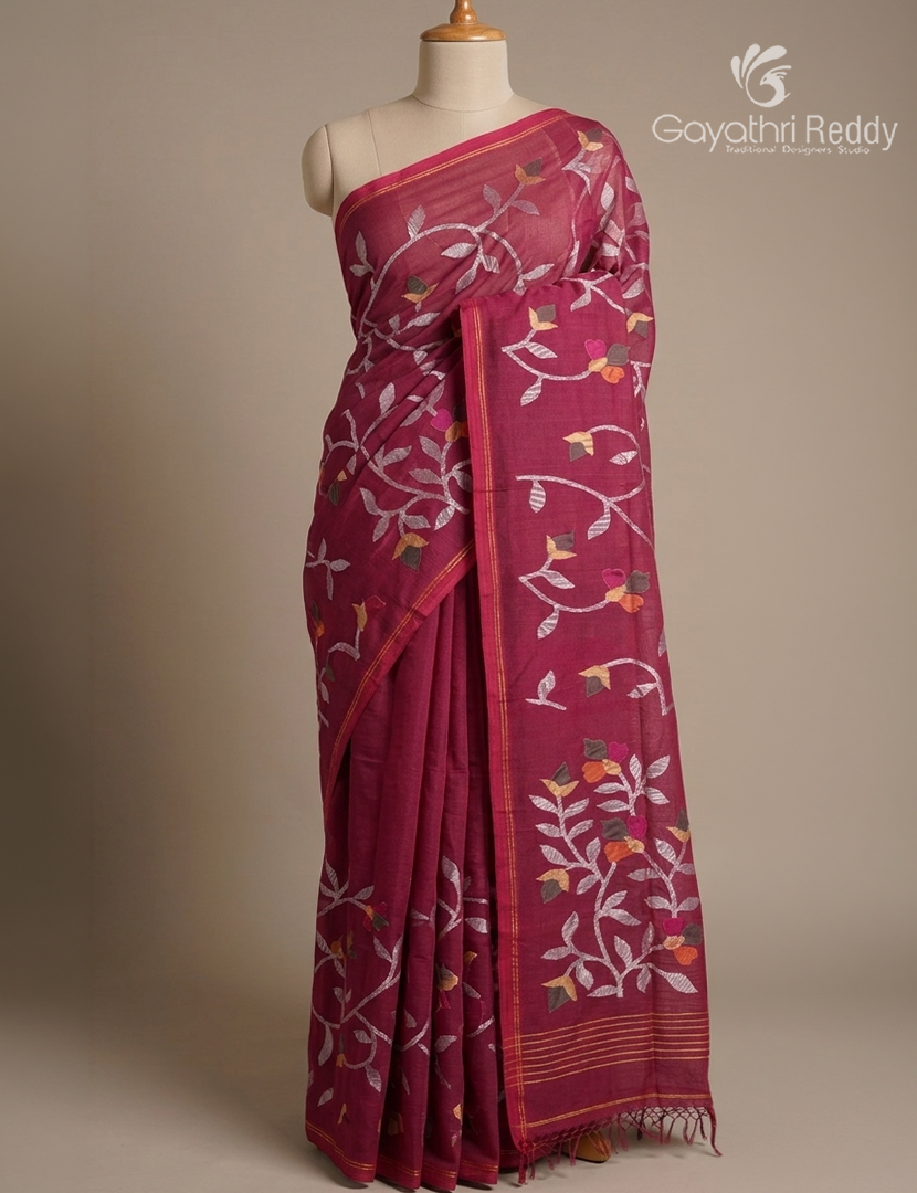 Pure Jamdani Kora Saree in RaniPink