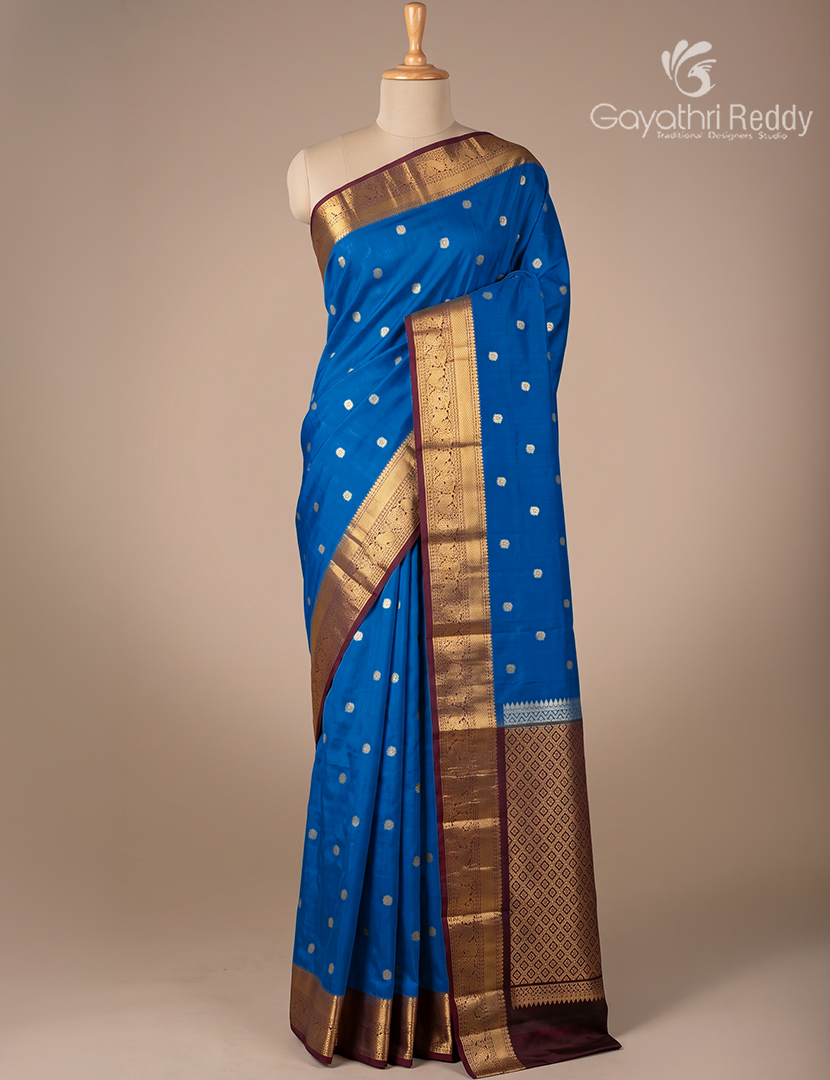 Pure Kanchipuram Silk Saree in Deep Peacock Blue and Deep Burgundy (Medium Borders )