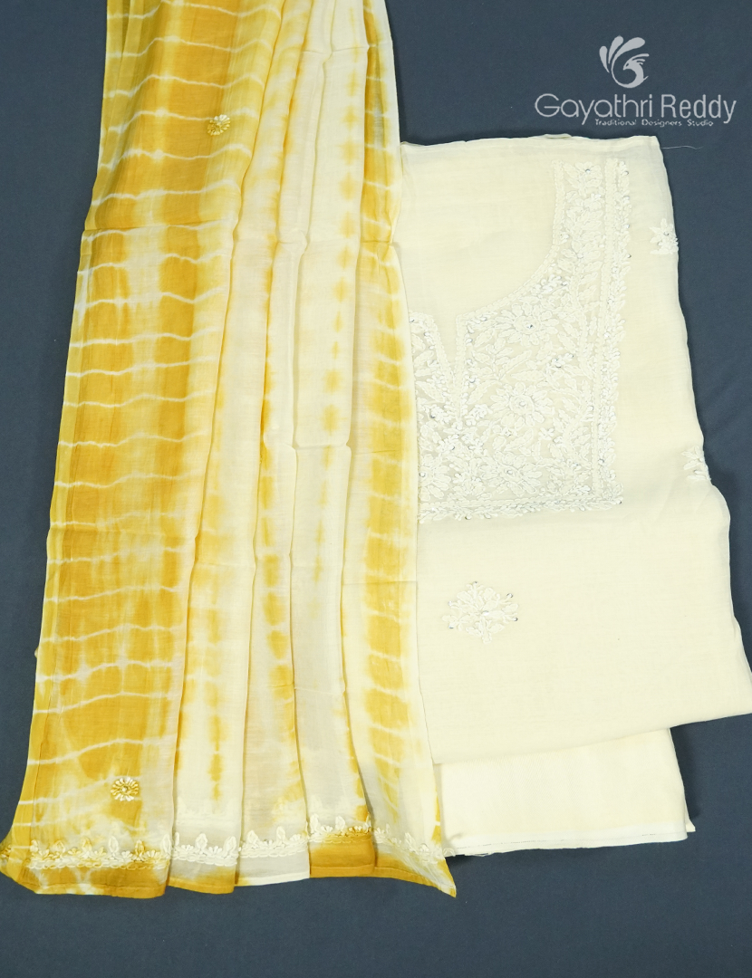 Dress Material 3 Piece Set in Cream and Mustard