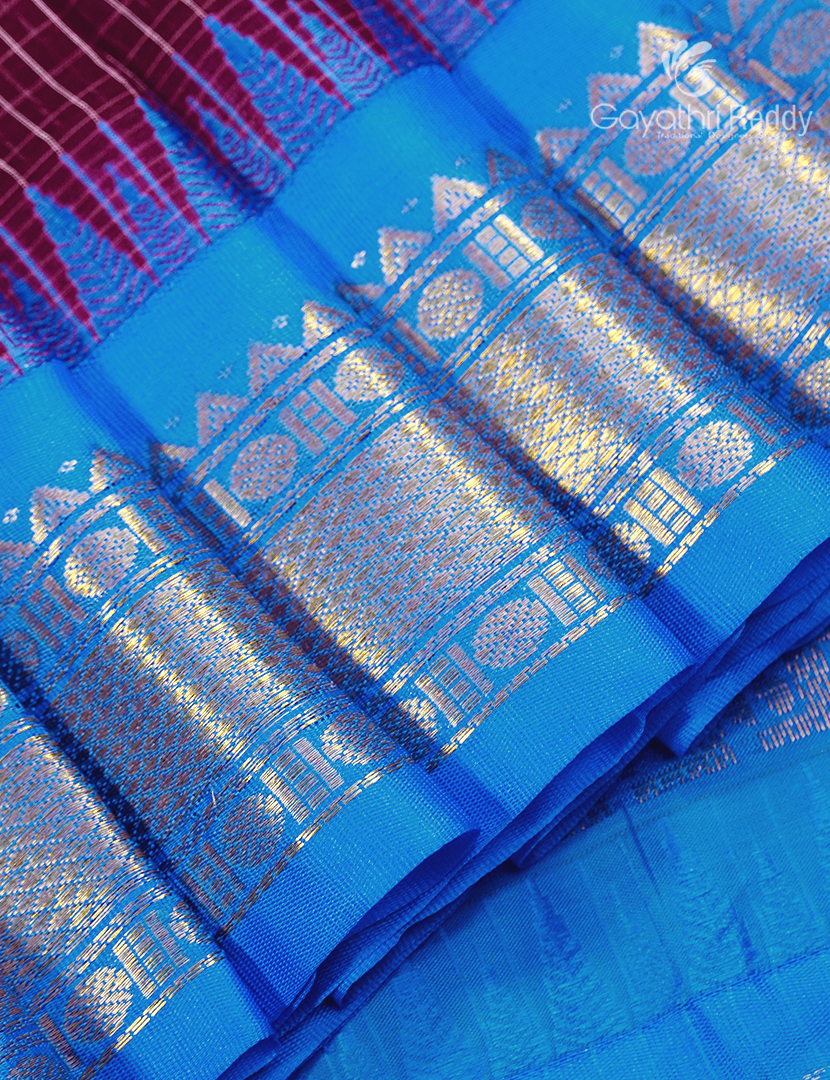 Pure Gadwal Cotton Saree in Burgundy and Sky Blue