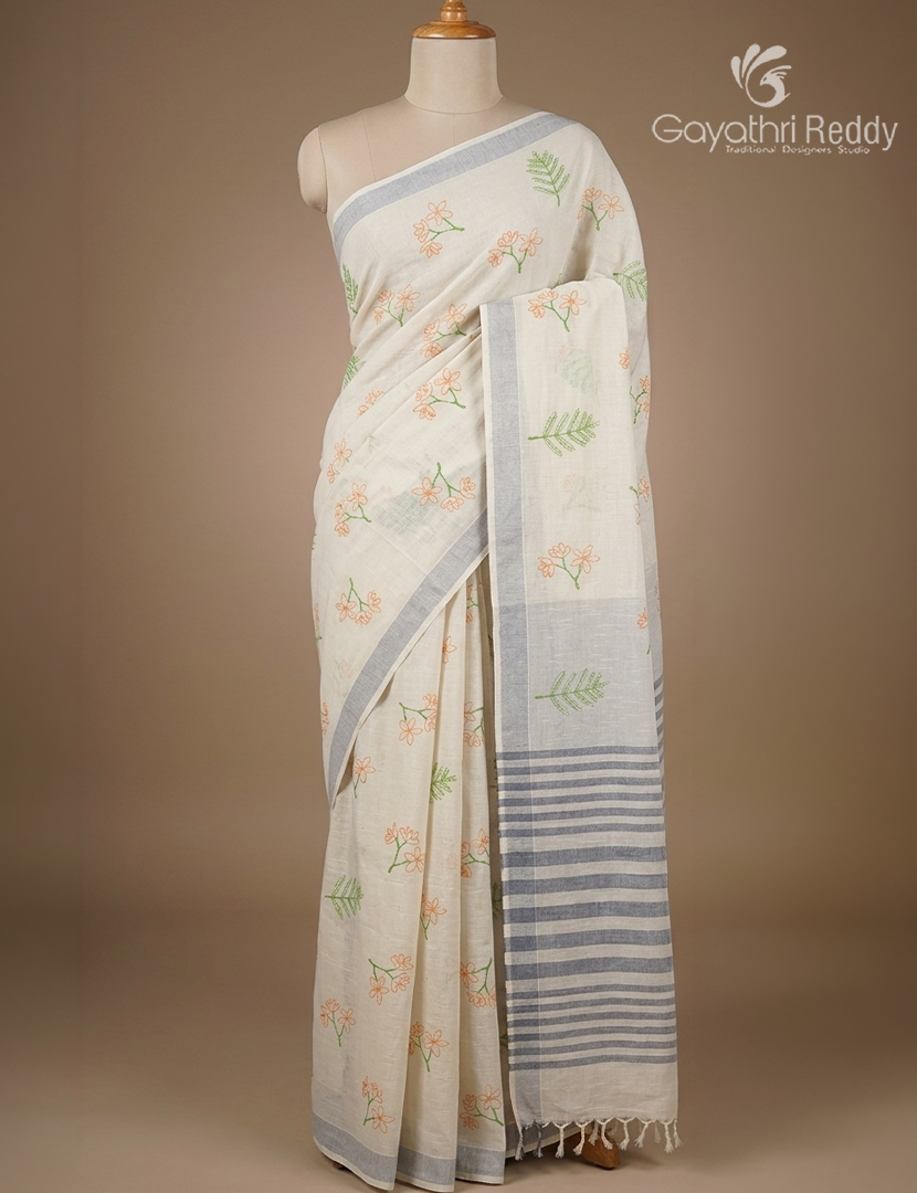 Pure Kanchi Cotton Printed Saree in Ivory and Grey