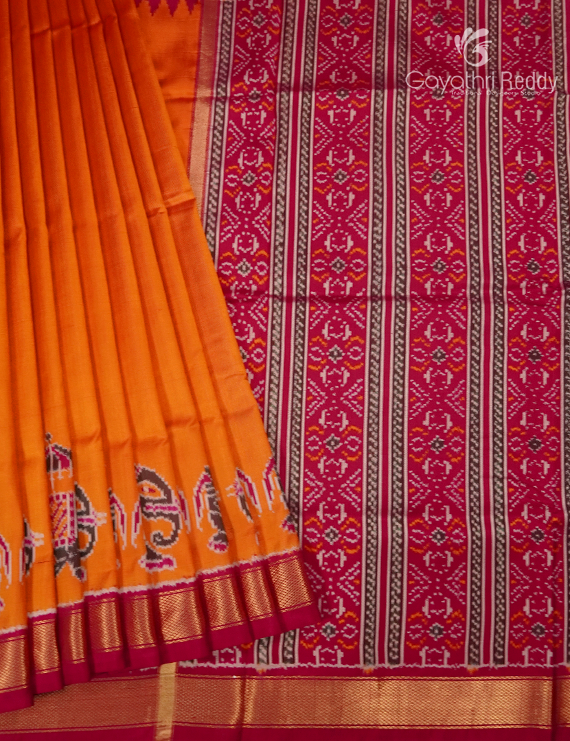 Pure Ikat Silk Saree in Orange and Pink