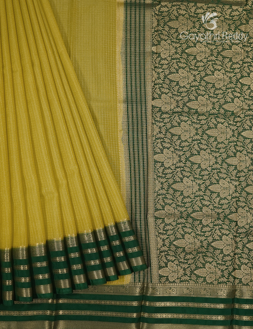 Semi Mysore Crepe Saree in Lime Yellow and Bottle Green