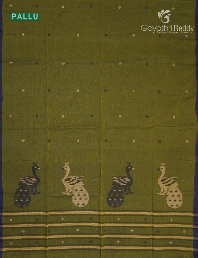 Jamdani Cotton Saree in Deep Olive Green