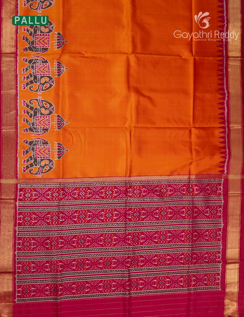 Pure Ikat Silk Saree in Orange and Pink