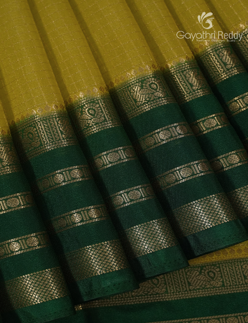 Semi Mysore Crepe Saree in Lime Yellow and Bottle Green
