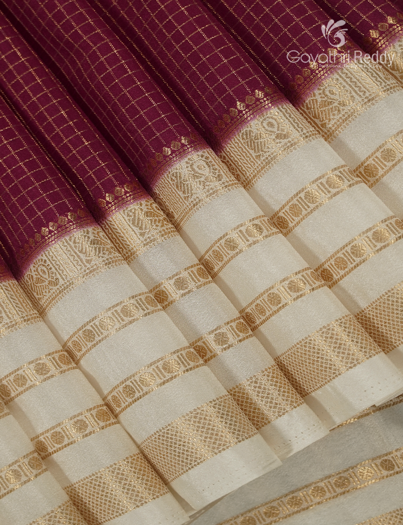 Semi Mysore Crepe Saree in Burgundy and White