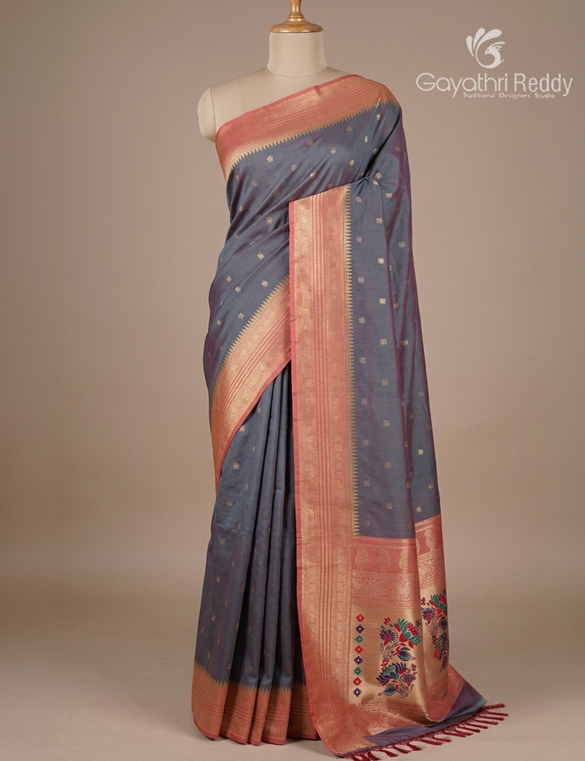 Semi Kanchipuram Art Silk Saree in Ash Grey and Pink