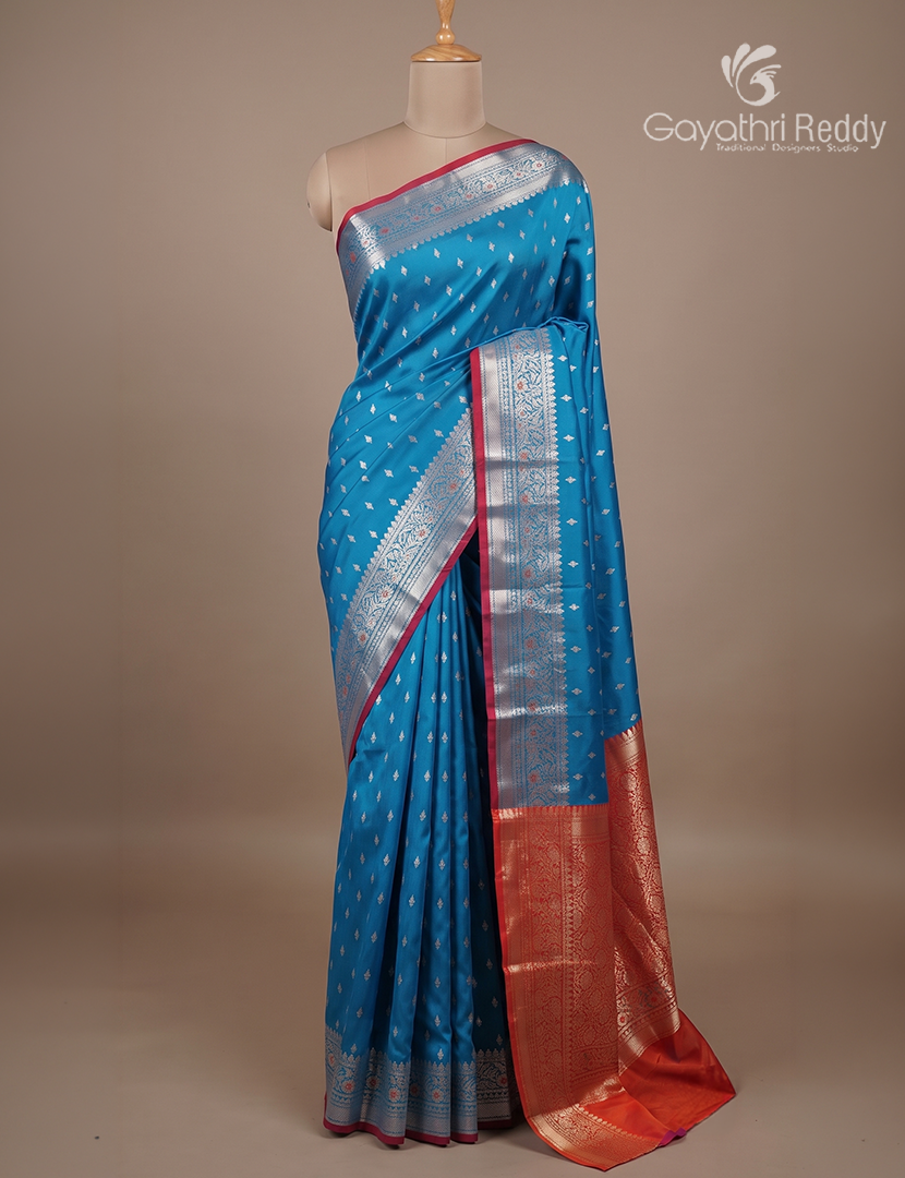 Semi Banaras Katan Silk Saree in Blue and Red