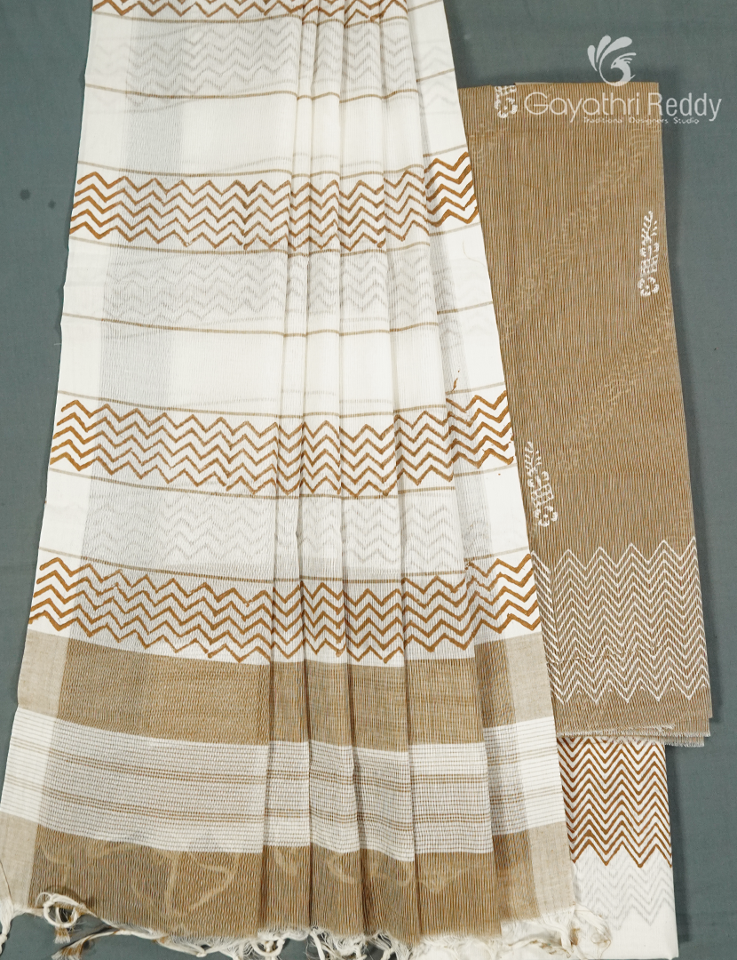 Cotton Dress Material in Khakhi Brown and Cream