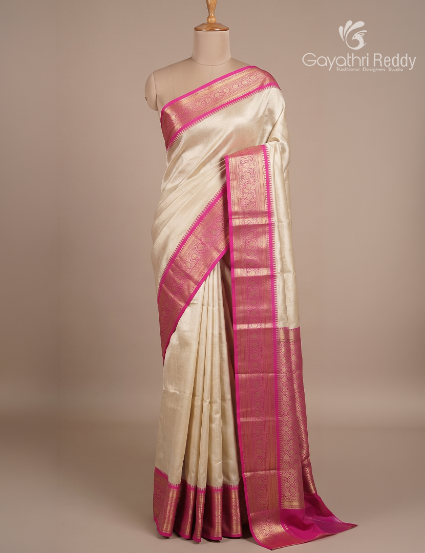 Semi Tissue Gadwal Saree in Cream and Hot Pink