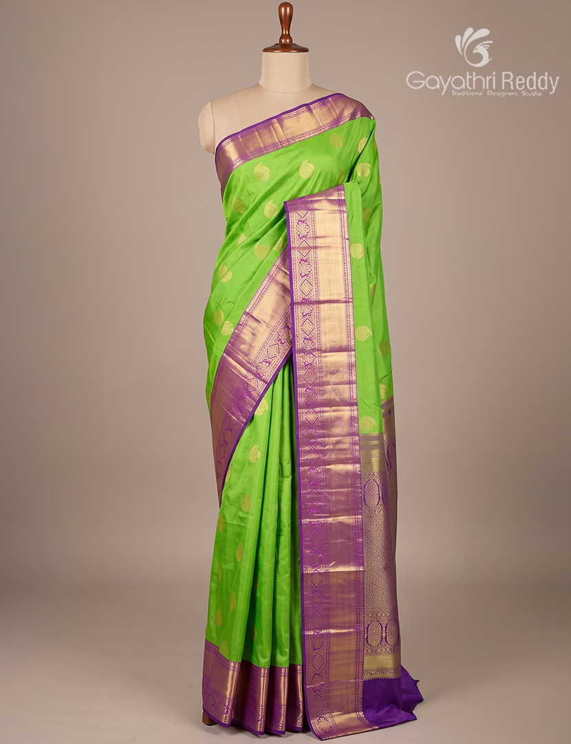 Semi Kanchipuram Silk Saree in Parrot Green and Deep Purple