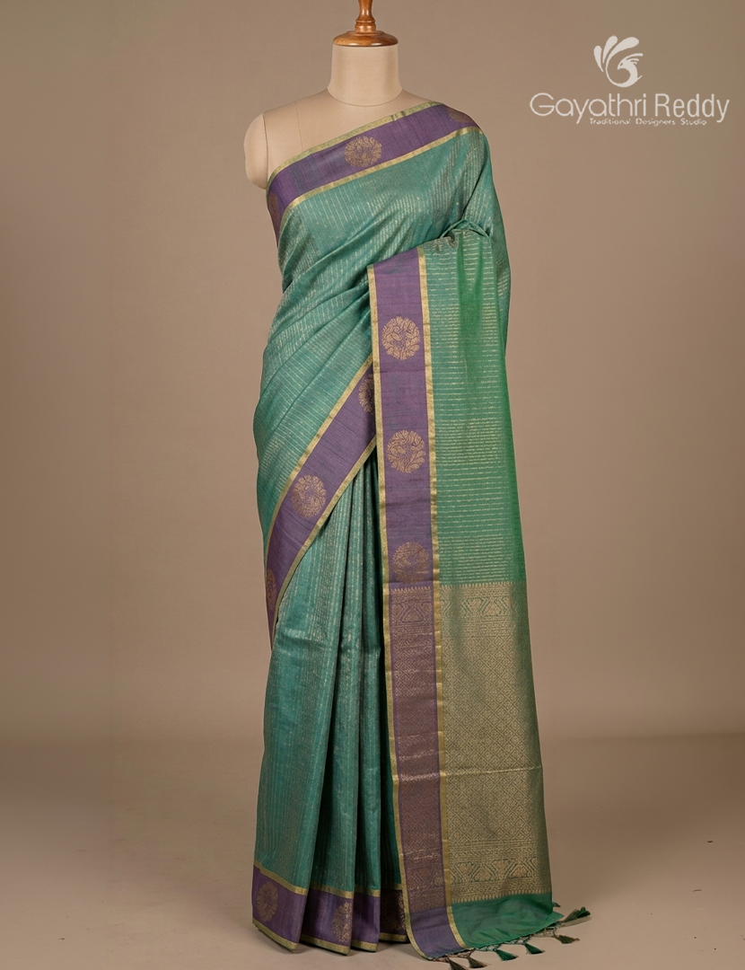 Kanchipuram Sico Saree in Teal Blue and Grey