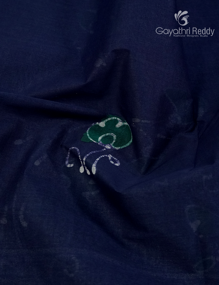 Cotton Batik Print Saree in Navy Blue
