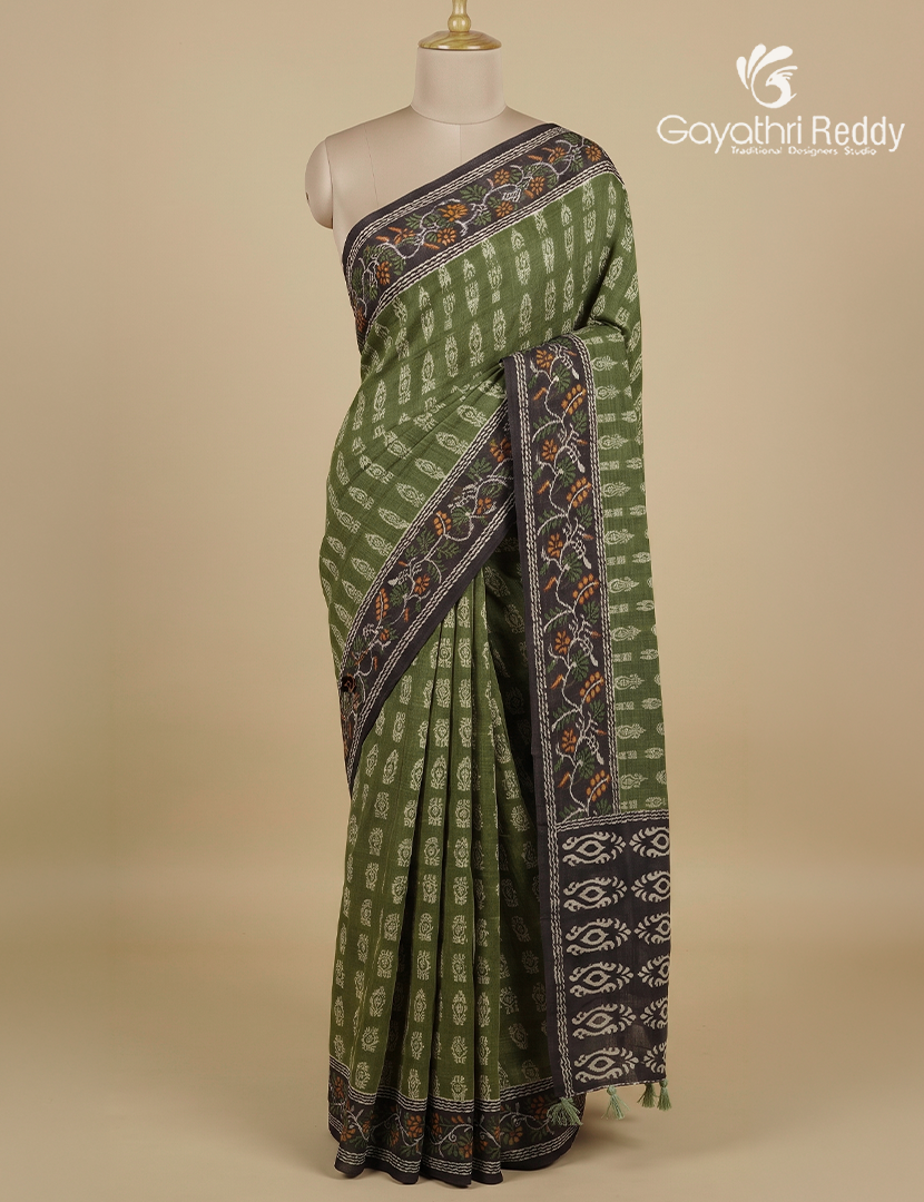 Linen Cotton Saree in Mehendi Green