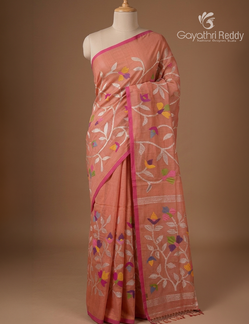 Pure Jamdani Kora Saree in Pastel Peach