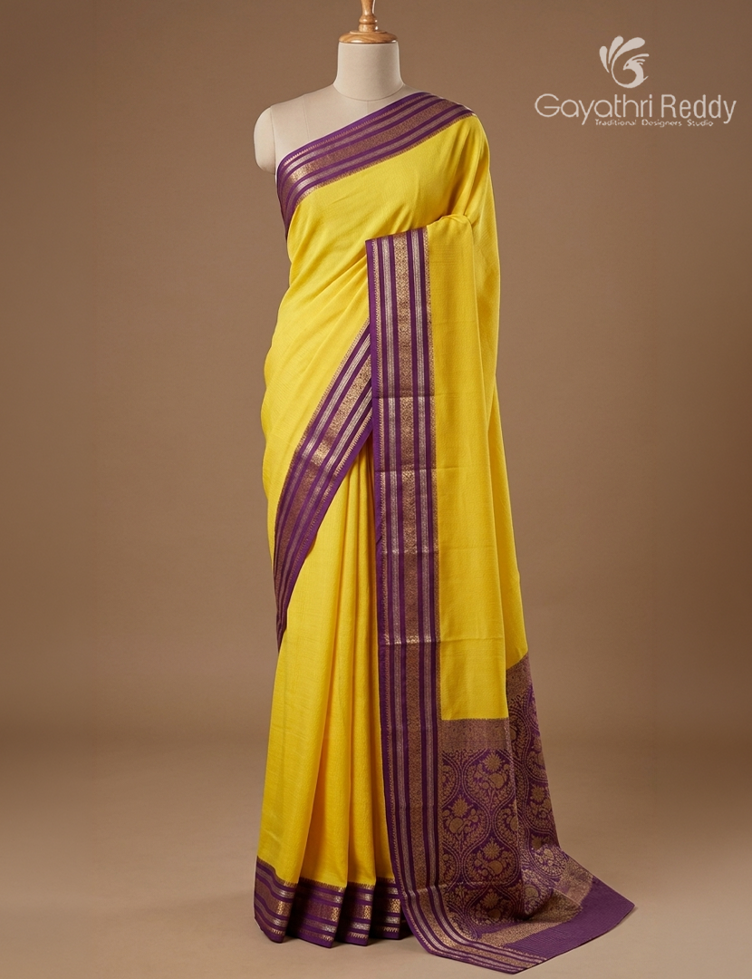 Semi Mysore Crepe Saree in Yellow and Deep Purple