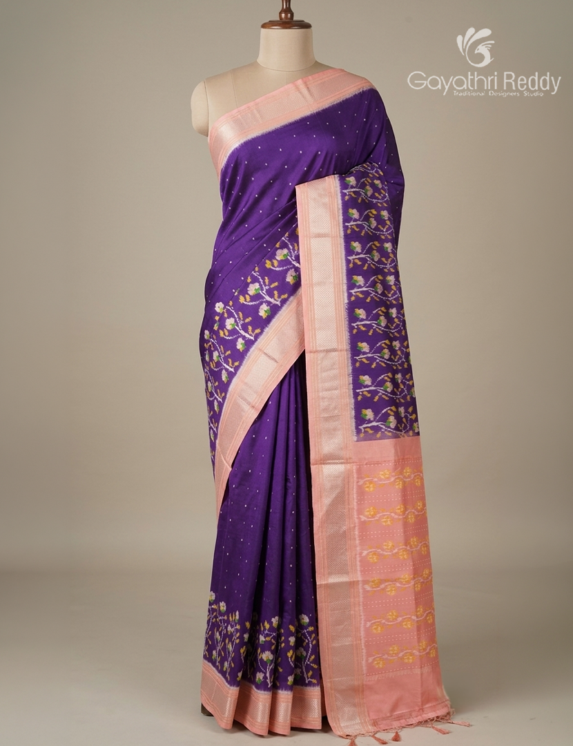 Pure Ikat Silk Saree in Violet and Peach