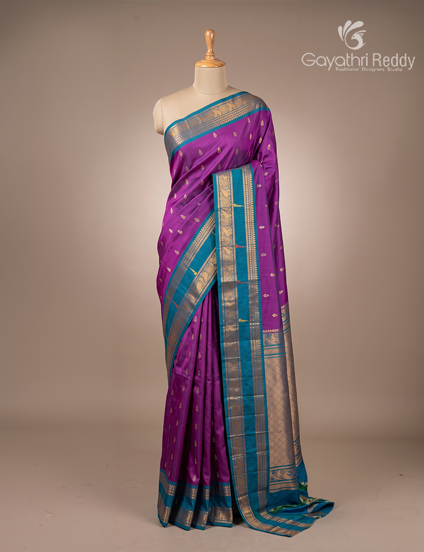 Pure Gadwal Silk Saree in Magenta and Blue
